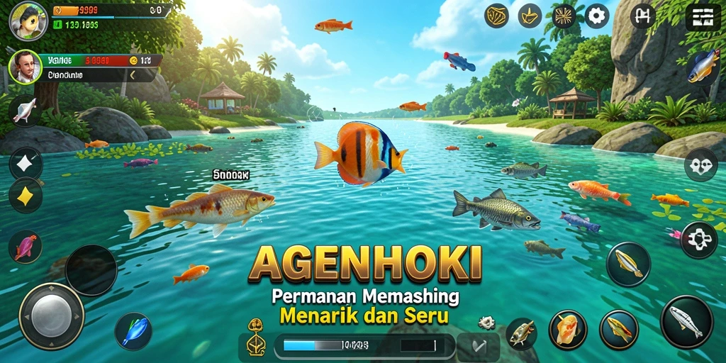 Screenshot AGENHOKI menampilkan pemain memancing di danau yang indah.
