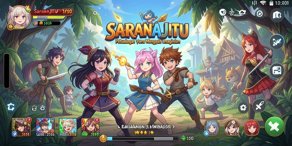 Tangkapan layar gameplay SARANAJITU yang penuh aksi dan karakter menarik.