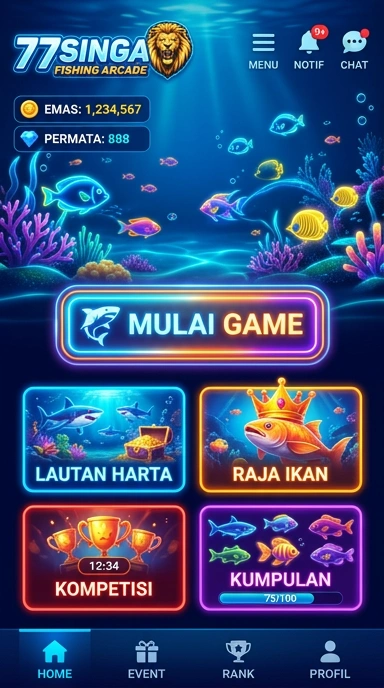 Tampilan utama aplikasi 77singa dengan berbagai pilihan kategori.